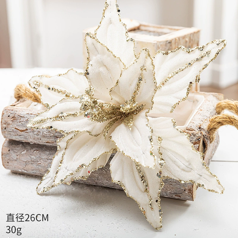 Вельветовая декоративная poinsettia (цветок) 26 см, блестящая окантовка, красный/зеленый/платиновый/шампанское золото