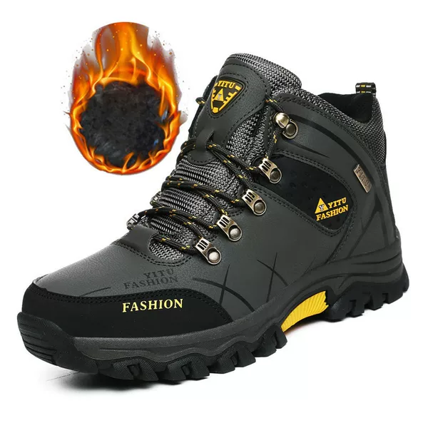 Cross-Border Men's Hiking Autumn and Winter Shoes, Hiking Mid-Top Travel Shoes, Velvet Warm Waterproof Shoes, Leather-Covered Cotton Shoes, Foreign Trade Cold Protection