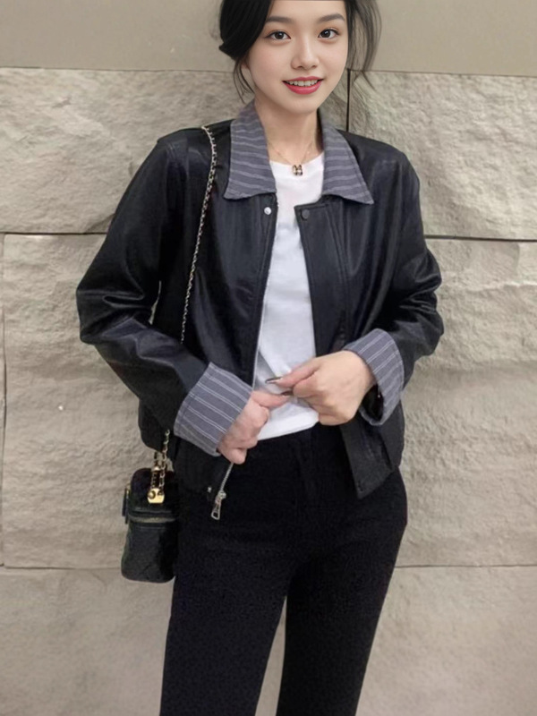 欧货拼接衬衫假两件皮衣外套女秋新款小个子短款韩版复古宽松上衣|undefined