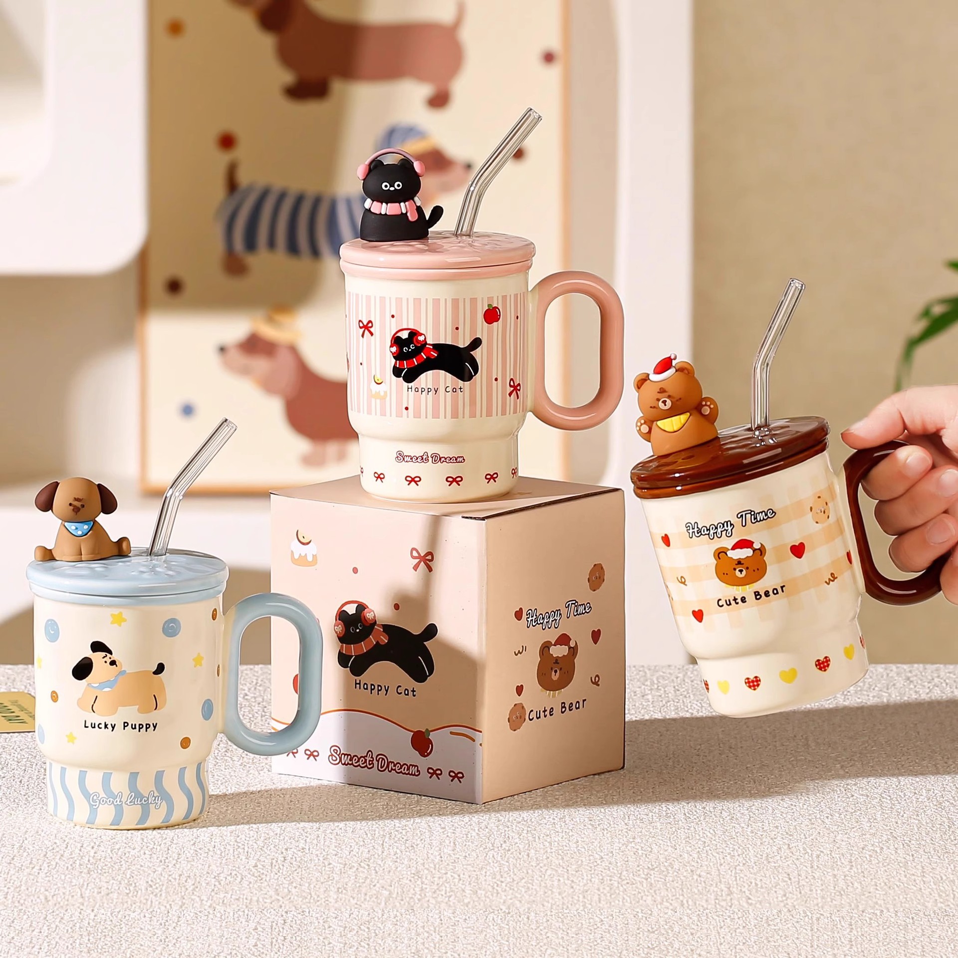 Taza de cerámica con pajita y tapa, bonita taza para beber café en casa u oficina, regalo de cumpleaños para niñas.