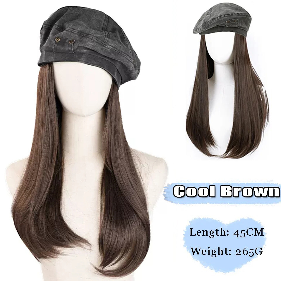 Verstelbare hoed pruik denim baret lang steil haar licht gekruld metaal klein zakje chemische vezel dames hoed pruik_voghion.com