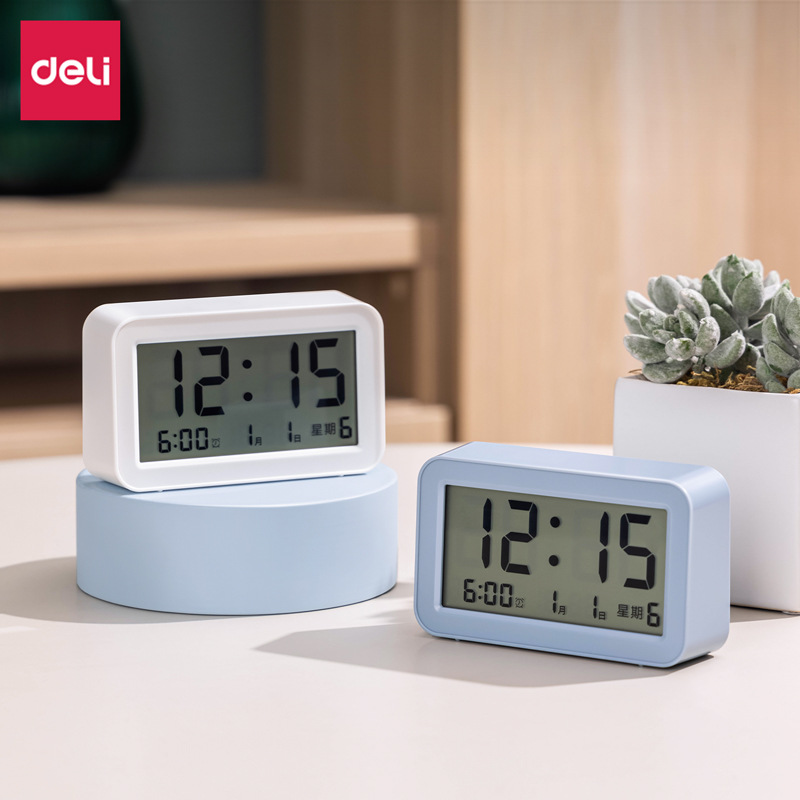 Deli le102-personalized LCD simple student children's electronic alarm clock (white/blue)(1 set/box) clock