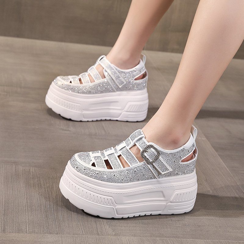 Giày sneaker nữ đế dày tăng chiều cao, phối đá rhinestone, kiểu dáng thể thao trắng tinh — màu trắng