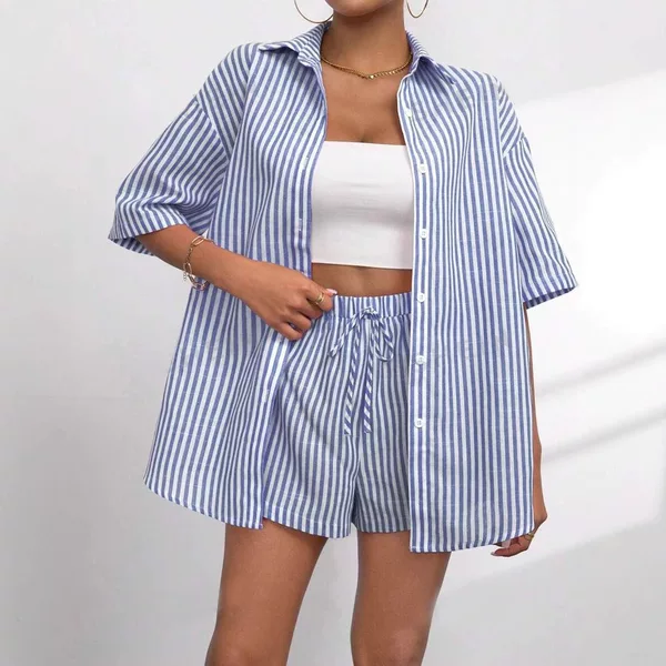 2026 Spring/Summer Cross-Border European and American Women's Fashion New Style Fashionable Lapel Striped Short Sleeve Shorts Casual Two-Piece Set