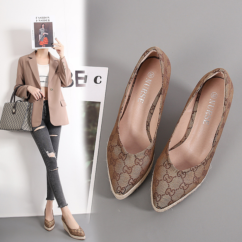 2022 Spring and Autumn New Wedge Thick-soled Pointed Shallow Mouth Single-layer Shoes Women's High-heeled Thick-heeled Straw Hemp Rope-soled Large Size Shoes for Women