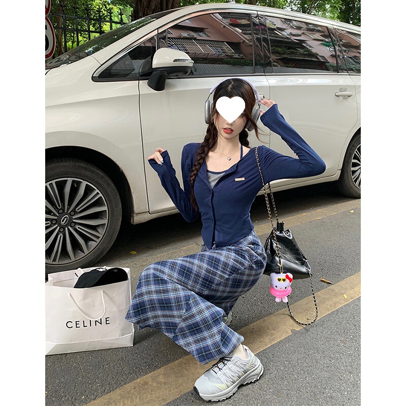 假两件挂脖设计感纯欲长袖上衣格子半身长裙女秋季2025新款两件套|undefined