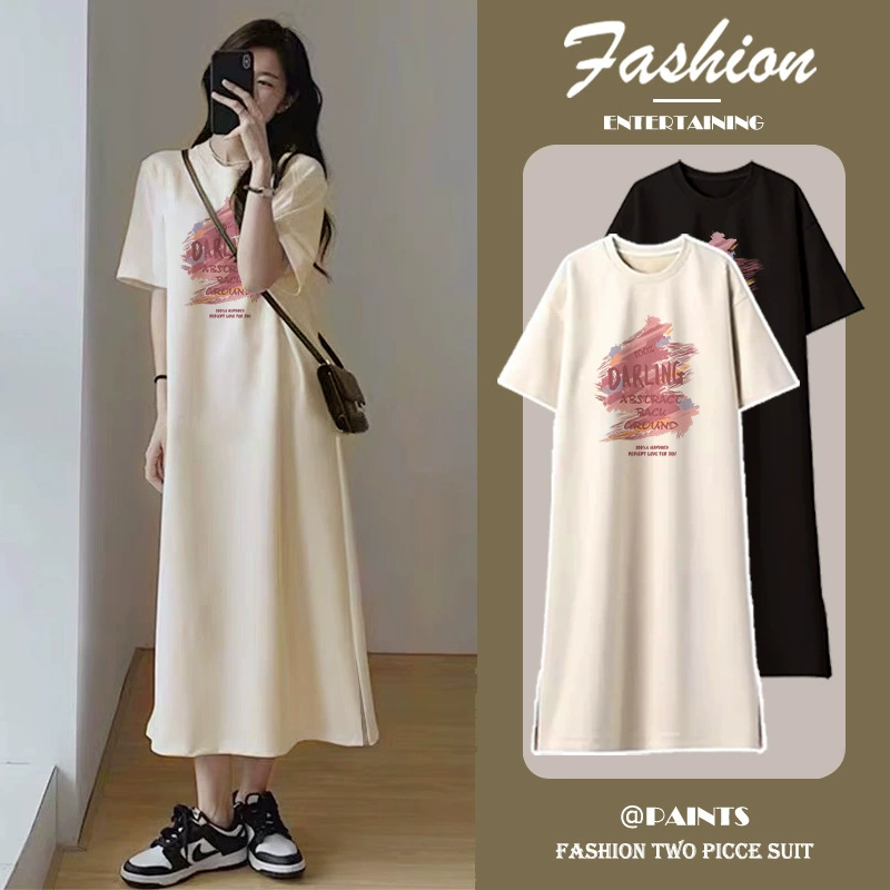 Модное платье-футболка для женщин 2025, новый стиль ins, свободный крой, большой размер, длинная юбка с разрезом выше колена для лета