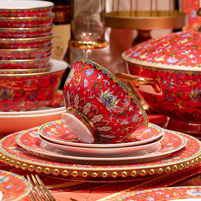 Jingdezhen Enamel Bowl and Plate Set High-End Chinese National Banquet Red Rice Bowl Soup Bowl Home Use Wedding Moving Gift