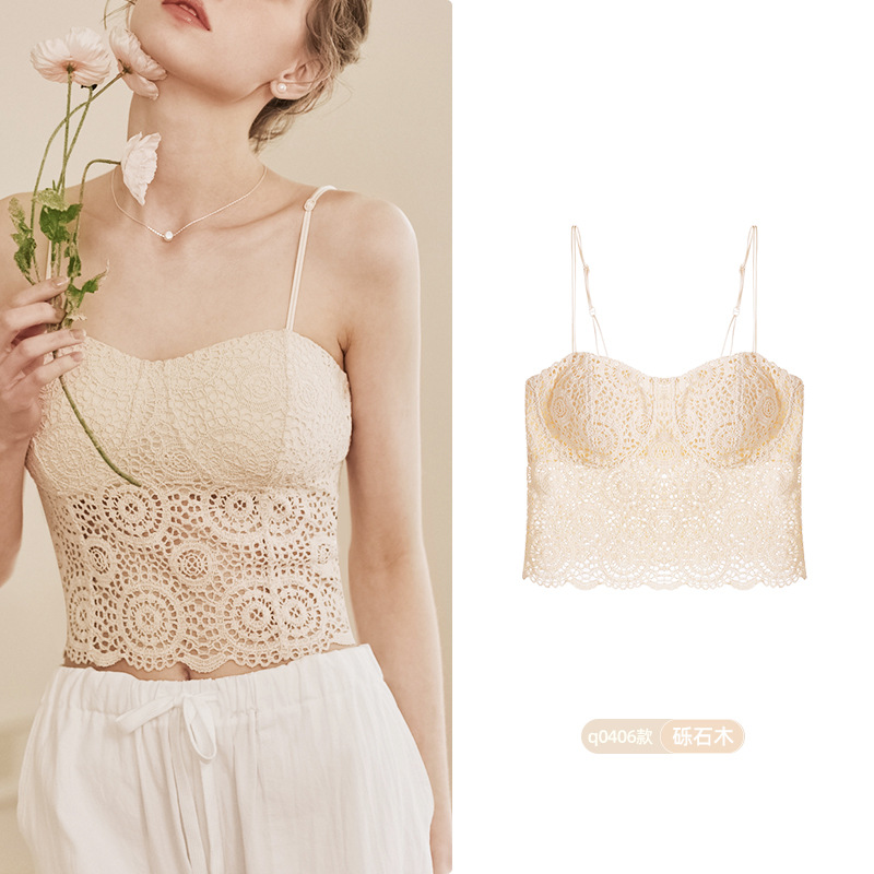8729 French Light Luxury Encaje sexy Deep V Medio Sling Encaje Ropa interior Chaleco Mujer Sujetador sin cuello en V Mujer