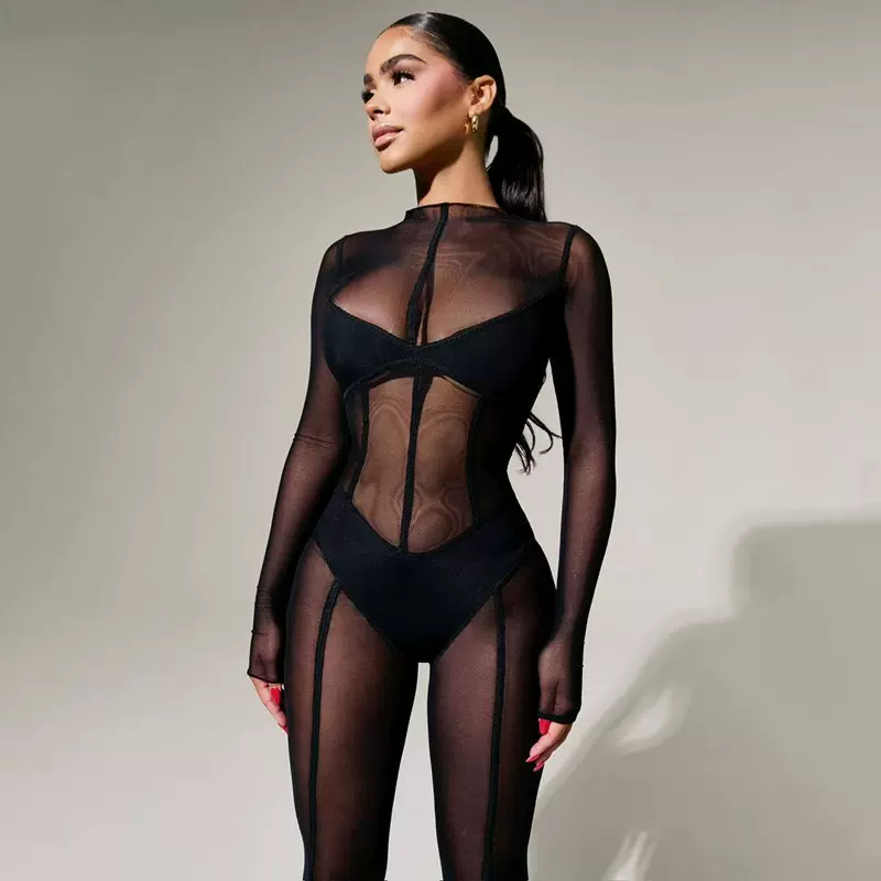 欧美风长袖网纱长裤2025春季ins新款女装性感透视连体裤外贸批发