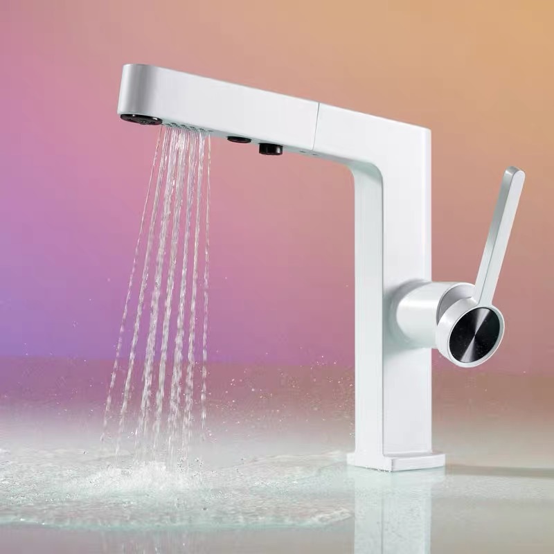 All-copper white smart pull-out faucet bathroom sink washbasin countertop basin home use digital cold and hot water faucet