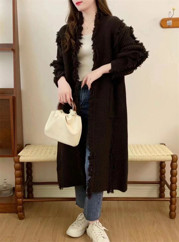 欧美跨境针织开衫女秋冬新款慵懒风长款流苏设计感宽松毛衣女大衣|undefined