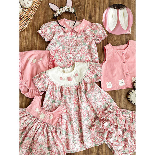 Qiu Duomeng girls pink rabbit floral series shirt vest skirt suit summer shorts children's dress