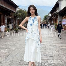 扎染吊带裙 夏季新款云南贵州手工扎染挂脖蝴蝶结女士旅游连衣裙