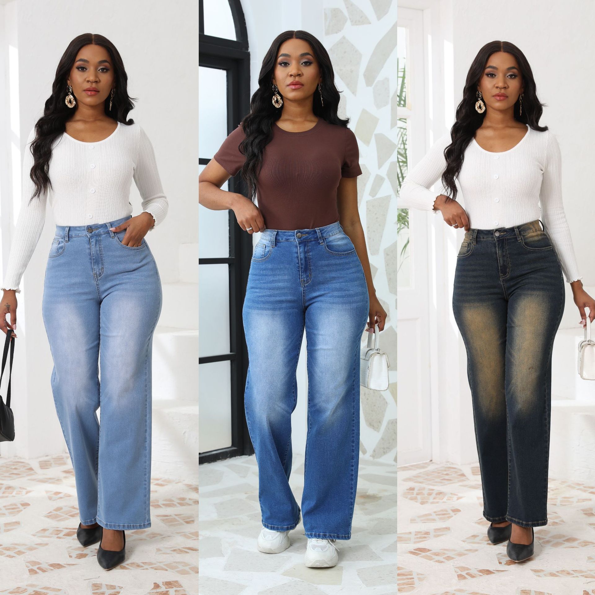 Pantalones vaqueros de mezclilla elásticos de corte recto retro para mujer, estilo europeo y americano, novedad 2026, comercio transfronterizo, suministro directo del fabricante