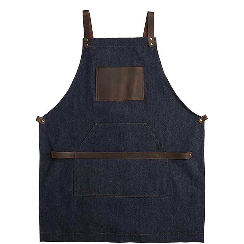 Moderno simple Denim delantal pu cuero bolsillo barbacoa panadero restaurante peluquero trabajo delantal fábrica al por mayor