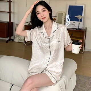 2023年新款女士冰丝睡衣短袖短裤套装虎纹绸缎透气家居服春秋夏季