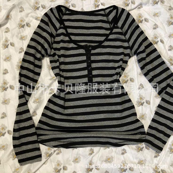 Striped Round Neck Long-sleeved T-shirt For Women, Slim Fit, Y2k Sexy...