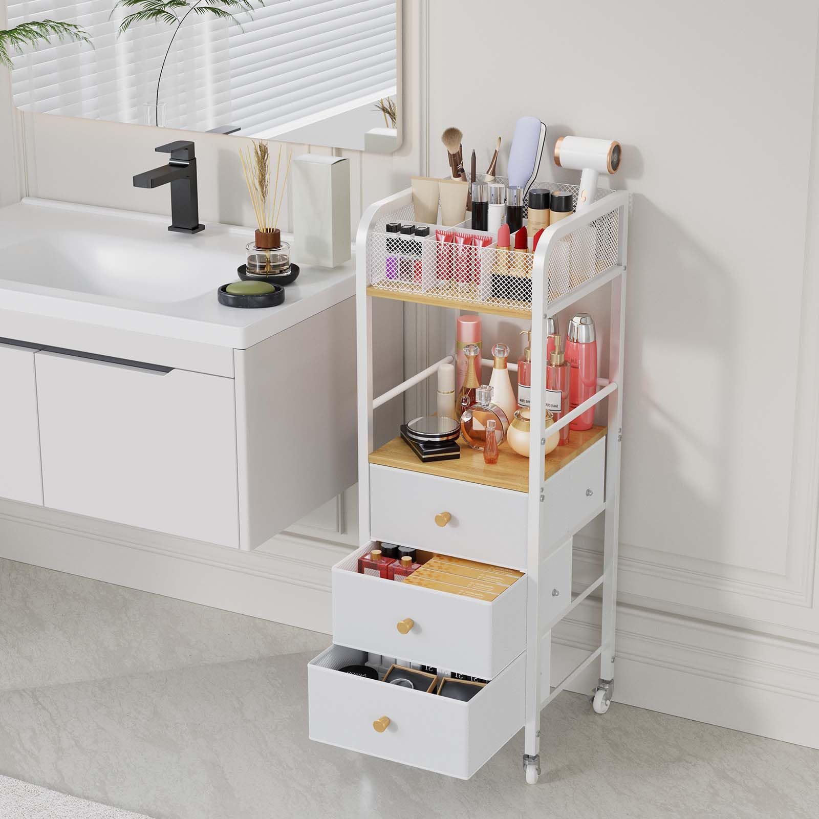 Household Drawer-Type Storage Cabinet Trolley Kitchen Living Room Bedroom Mobile Storage Cabinet with Wheels Makeup Bedside Table