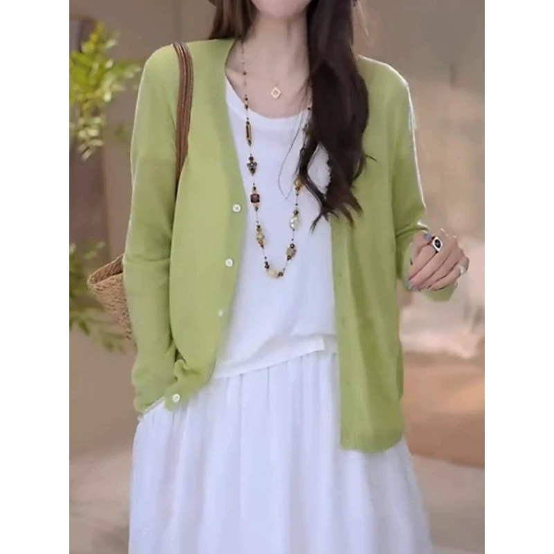 Свежий и простой вязаный кардиган с длинным рукавом для женщин 2025 Лето Плюс размер Свободный тонкий повседневный модный топ