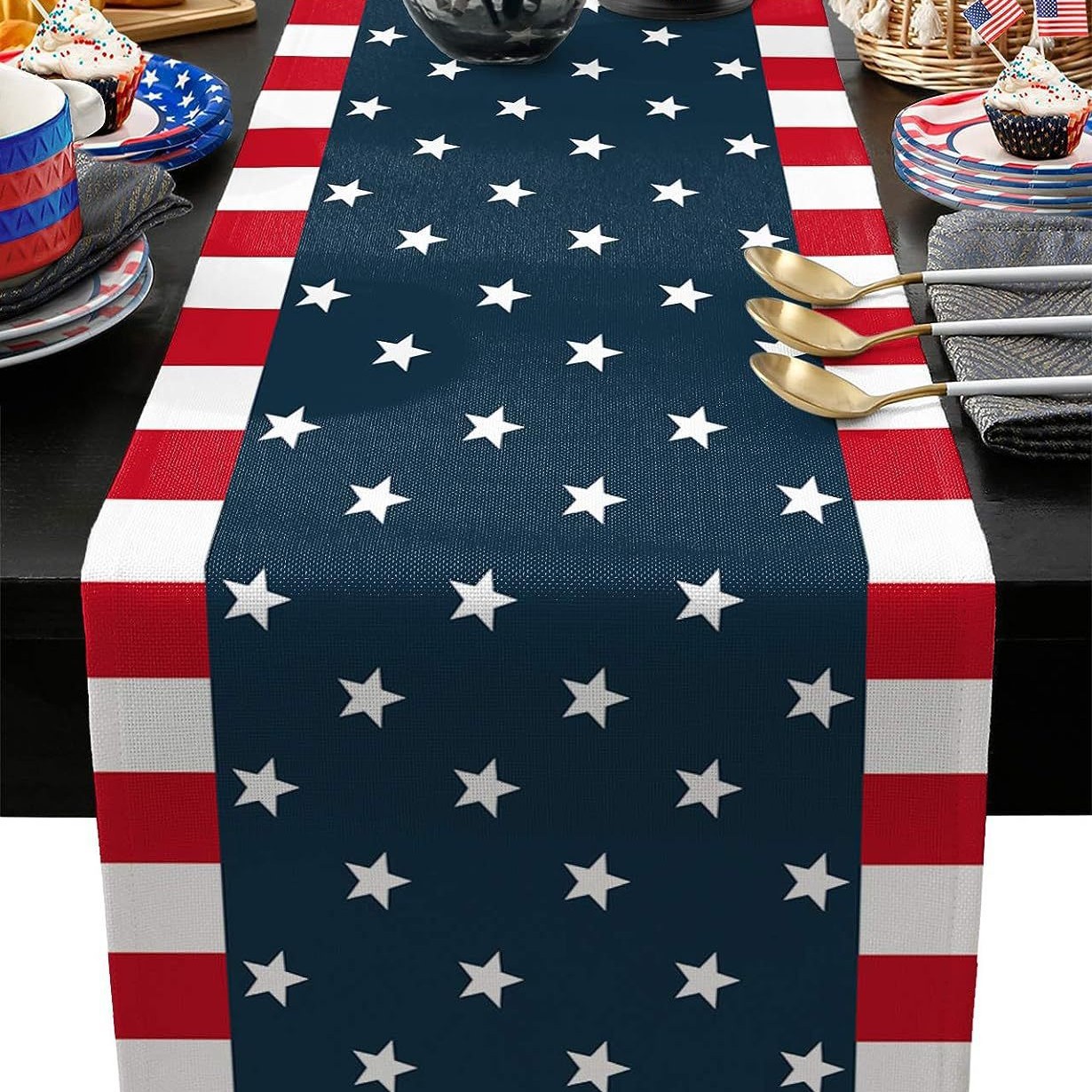 Transfronterizo 2024 nuevo día de la independencia de los Estados Unidos lino bandera de mesa bandera estrella y rayas tela de mesa de comedor cama de té tela de mesa image 32