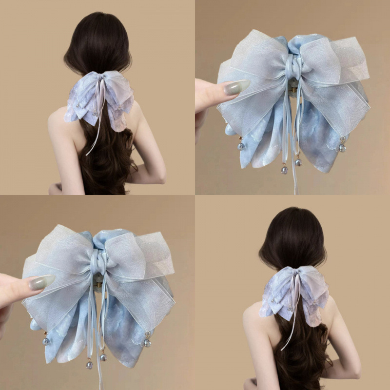 French-Style Multi-Layer Pendant Ribbon Bow Hair Clip for Women, Ponytail Clip, Half-Tied Hairpin Hair Accessory