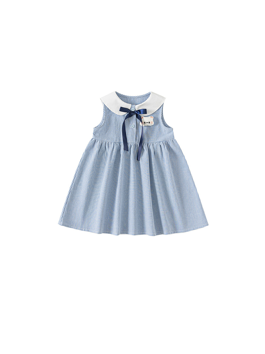 Youbao ropa para niños verano nuevo estilo niña dulce falda de línea A con cuello de muñeca falda sin mangas vestido a cuadros con lazo
