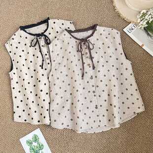 Retro Polka Dot Sleeveless Cotton and Linen Shirt Lace-Up Casual Versatile Loose Fungus Collar Cardigan for Women