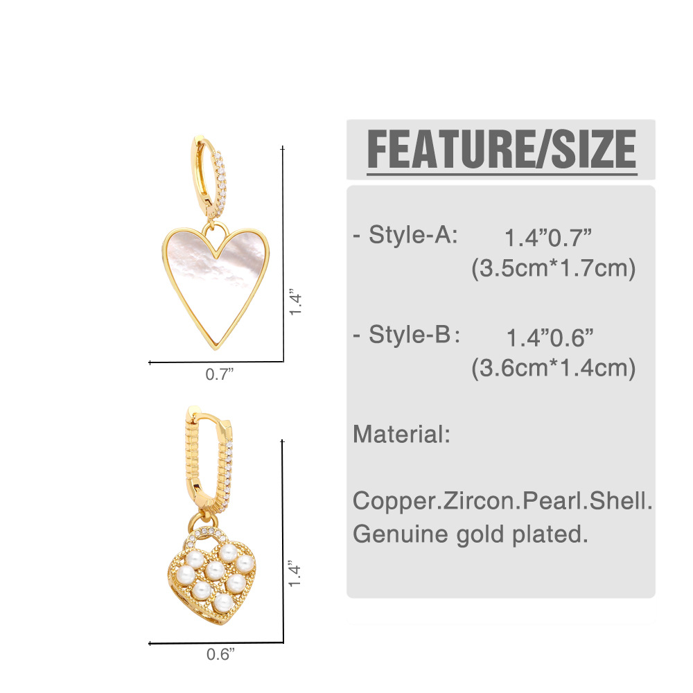 fashion heart pendant copper 18K gold-plated inlaid zircon pearl earrings