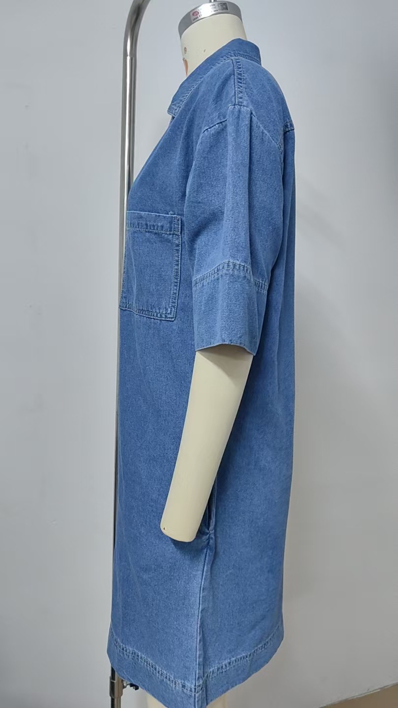 Women Spring Summer Washed V neck Loose Short Sleeve Dress Midi Dress