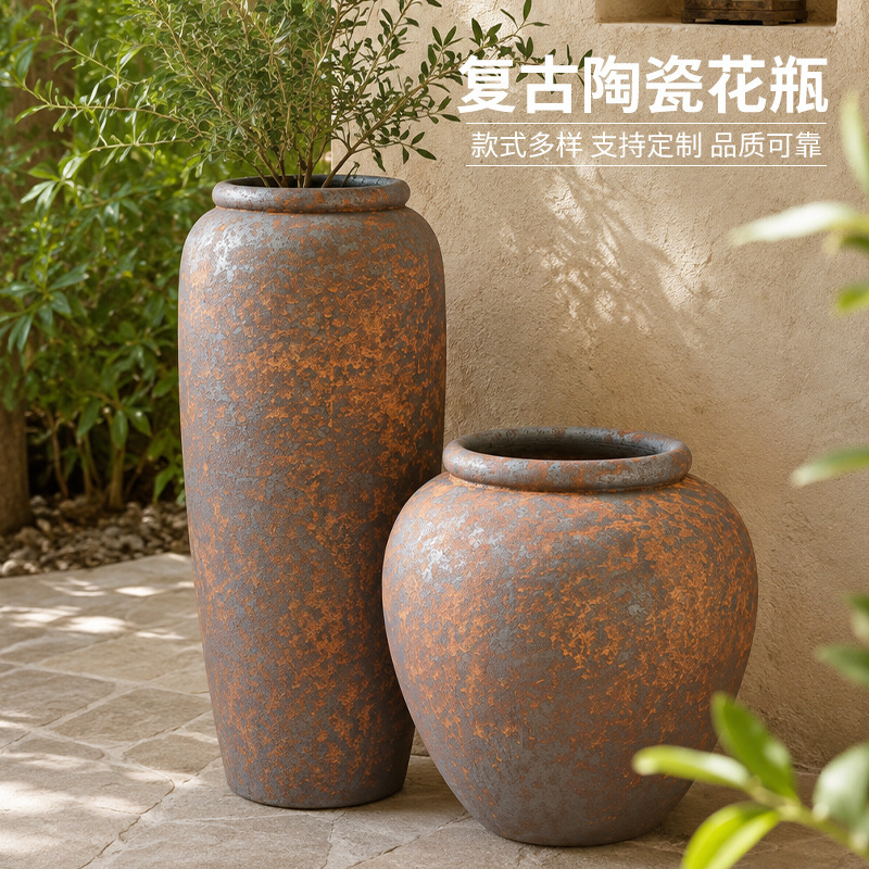 Jingdezhen vintage retro ceramic large round vase, decorative piece for homestay, hotel, restaurant, rustic ceramic floor-standing large flower vase Jingdezhen vintage retro ceramic large round vase, decorative piece for homestay, hotel, restaurant, rustic ceramic floor-standing large flower vase