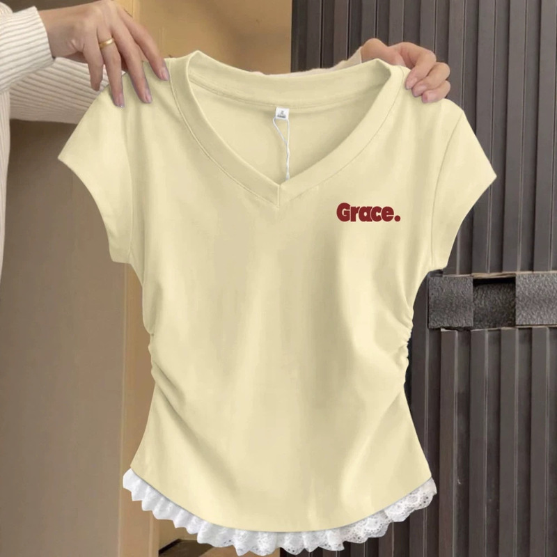 Korean-Style Slim-Fit Waist-Cinching Blouse 2026 Summer New V-Neck Hem Lace-Trimmed Top Short-Sleeve T-Shirt for Women Korean-Style Slim-Fit Waist-Cinching Blouse 2026 Summer New V-Neck Hem Lace-Trimmed Top Short-Sleeve T-Shirt for Women