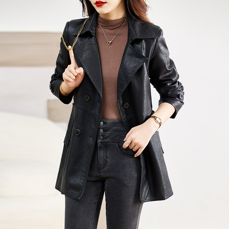 Haining Fashionable Versatile Leather Jacket for Women, New Autumn and Winter Hot-Selling Design, Women's Mid-Length Sheepskin Coat