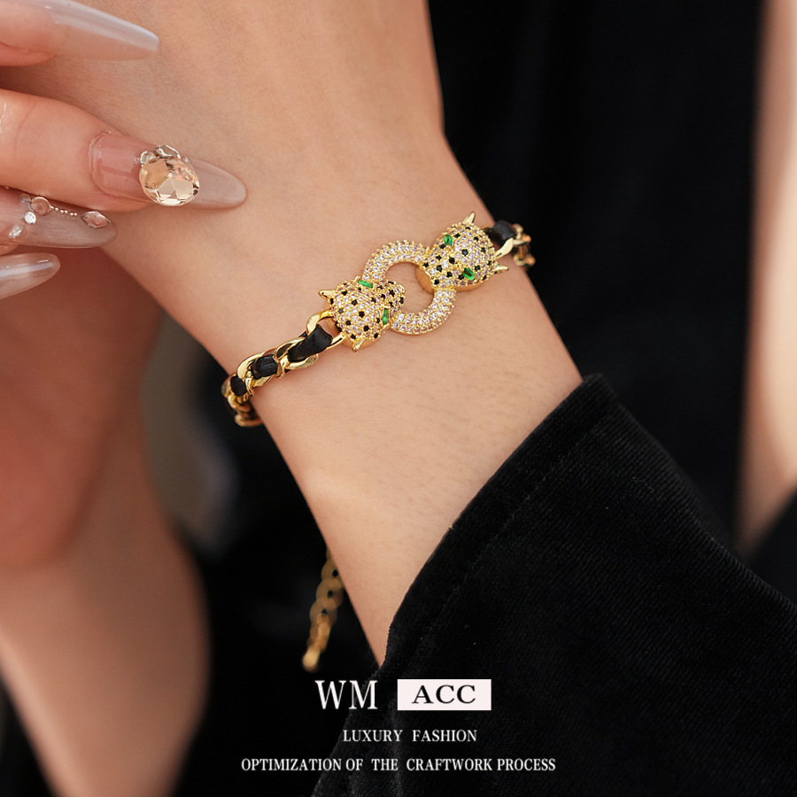 Medieval cuero vintage zircon pulsera leopardo lujo ligero pulsera retro sensación de nicho de diseño sensación de brazalete