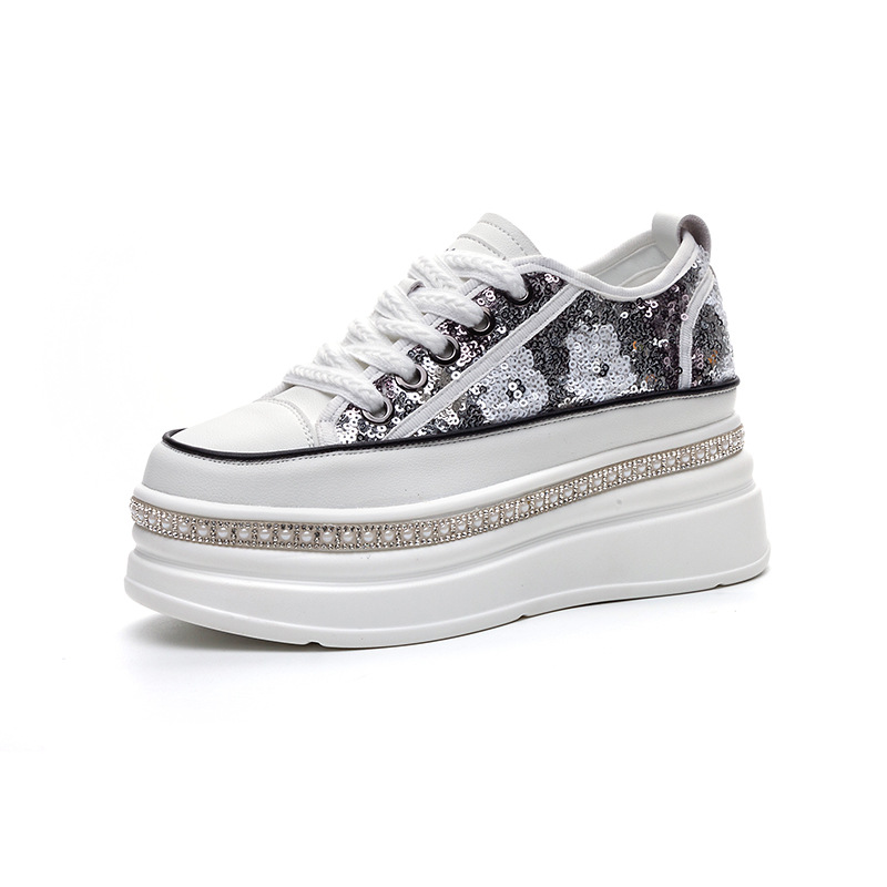Giày sneaker nữ đế dày tăng chiều cao đính sequin phong cách tân Trung Hoa — M2577 tím đen, M2577 màu bạc, M2577 màu hồng