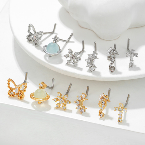 Cross-border hot-selling European and American trendy new 7-character nose nail stainless steel piercing 18k geometric nose jewelry directly supplied from the manufacturer