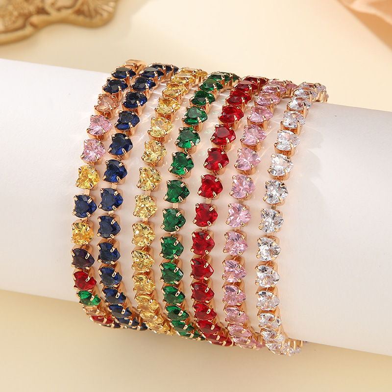 2026 New Colorful Heart-Shaped Zircon Jewelry, Personalized Sweet and Luxurious Tennis Bracelet for Women, Wholesale