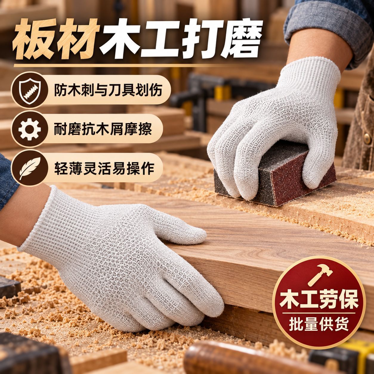 3级PE防割菠萝纹手套防滑耐磨耐用透气舒适采摘雕刻园艺厨房干活