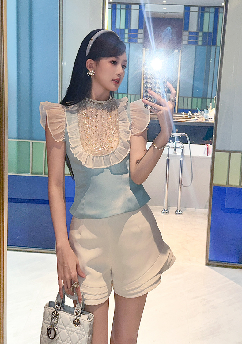 Áo sơ mi nữ bèo nhún đính hạt ôm sát sang trọng — Xanh lông công chi tiết 5