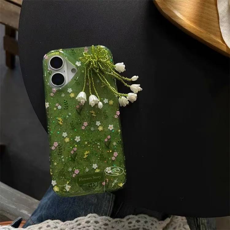 Pequeño brillo fresco verde floral para iPhone14 Apple 16ProMax funda para teléfono móvil 15 femenino 13 nuevo 16