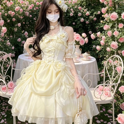 A Complete Set of Original Fairy-Like Rose-Themed Dresses with a Super Fairy-Like Vibe, Escape-Princess-Style Green Lolita Dresses