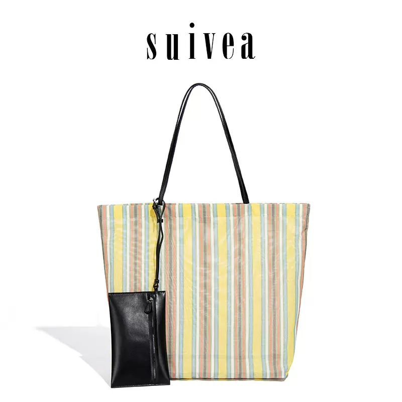 春夏新款度假风条纹托特女包色彩慵懒大容量购物袋休闲通勤单肩包