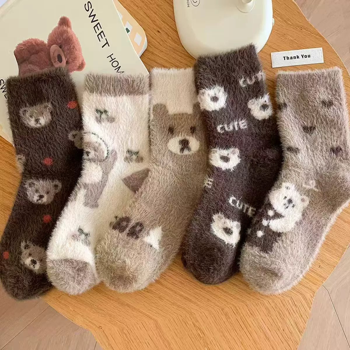 Бархатные демисезонные тёплые носки с флисом, средней длины, с маленькими медведями