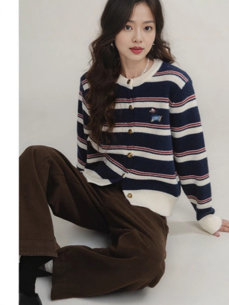 Autumn New Striped Knit Sweater, Soft and Fluffy Cardigan Jacket for Women, Spring and Autumn Outerwear Top