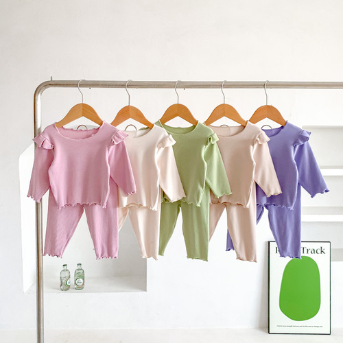 Korean style home clothes for infants and young children, sweet little flying sleeves tops and pants for baby girls, stretchy and comfortable cotton suit with fungus