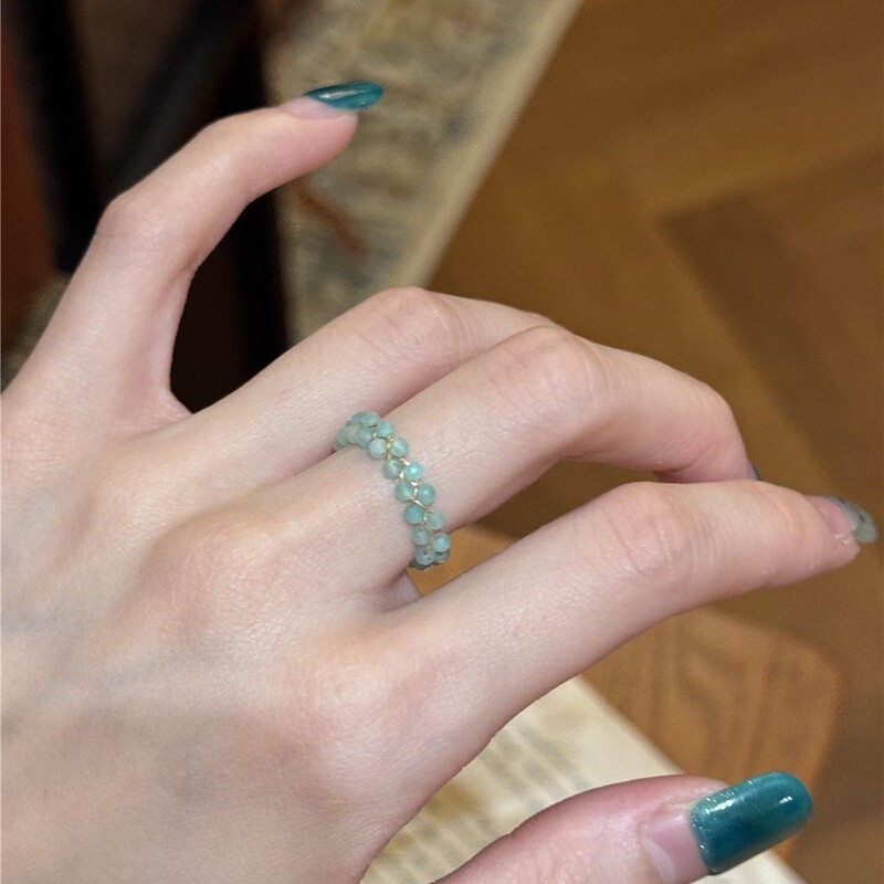 Kuning Mint Green Amazonite Ring, Fresh and Simple Spring/Summer Style, Enhances Fairness, Beaded Adjustable Ring