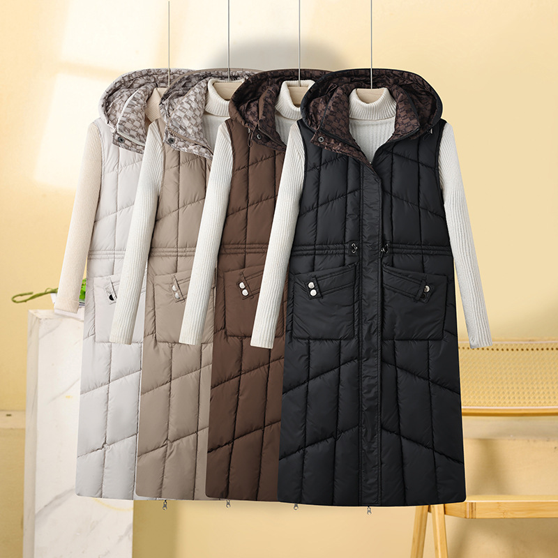 Cappotto gilet in cotone double face da donna – Piumino lungo e sottile invernale coreano, caldo capospalla reversibile (nero/bianco sporco/marrone/cachi, L-XXXL)_voghion.com