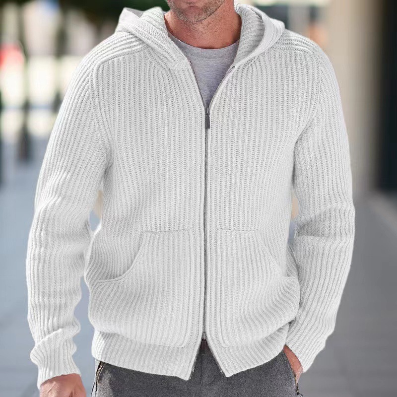 Casual Pullover Männer Jacken Stricken Langarm Zip-up Pullover Strickjacken für Herren Herbst Freizeit Reine Farbe Gestrickte Kapuzenmantel_voghion.com