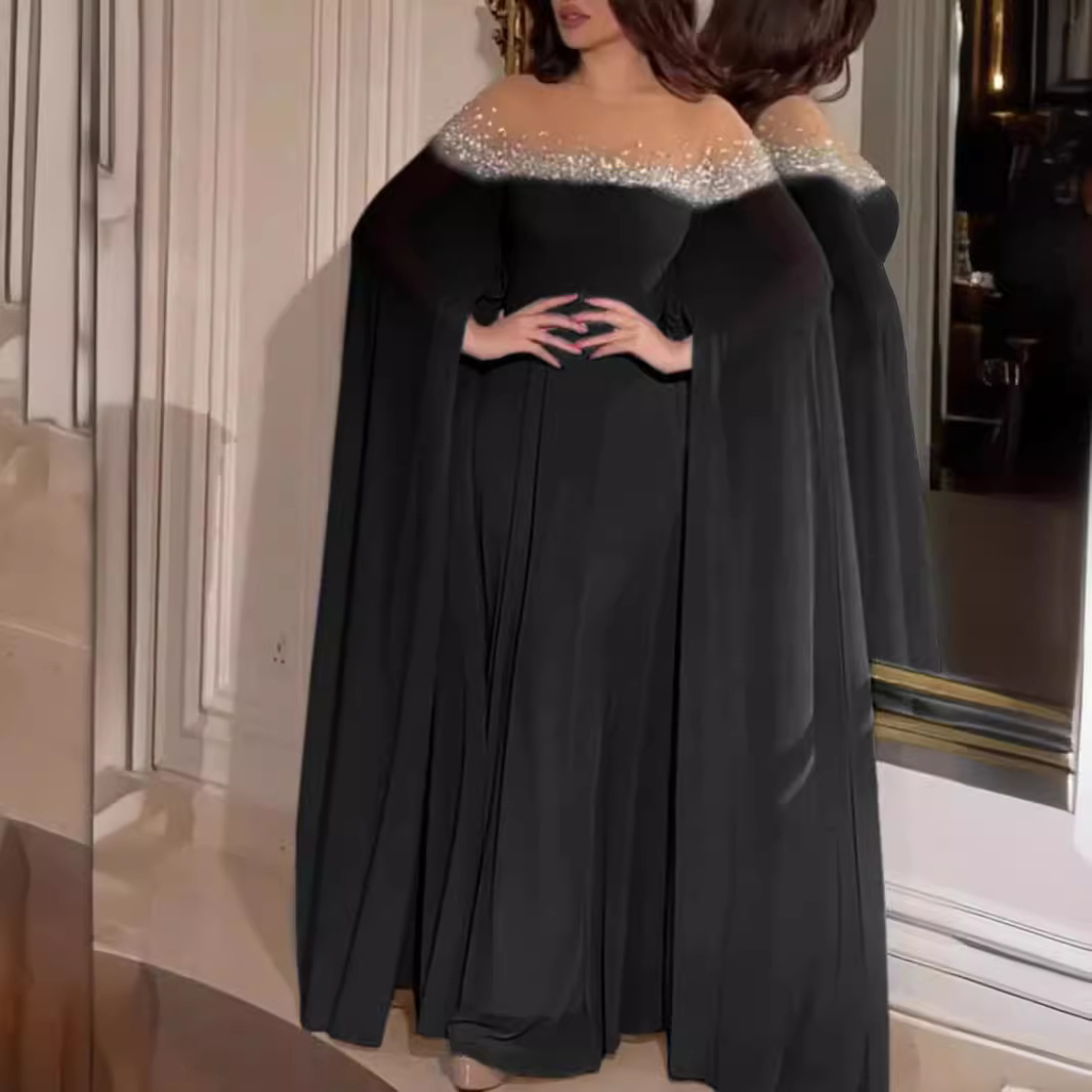 Women's Clothing Temperament Sexy High Waist Hot Diamond Pearl Chiffon Banquet Evening Dress_voghion.com