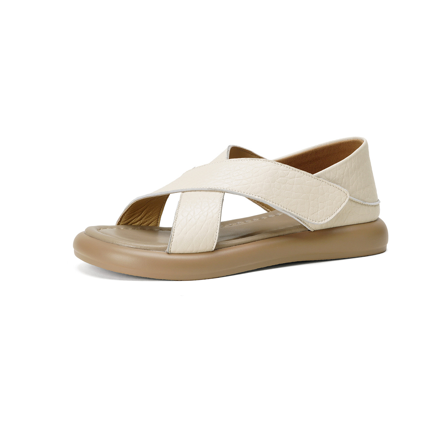 Sandal nữ hở mũi đế dày da cừu phong cách đơn giản, quai dán tiện lợi — màu be chi tiết 26